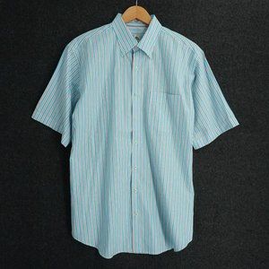 Peter Millar Mens Shirt Button Up Short Sleeve Blue White Striped Cotton Large